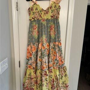 Free People Yellow Gray Tiered Ruffled Maxi Sundress